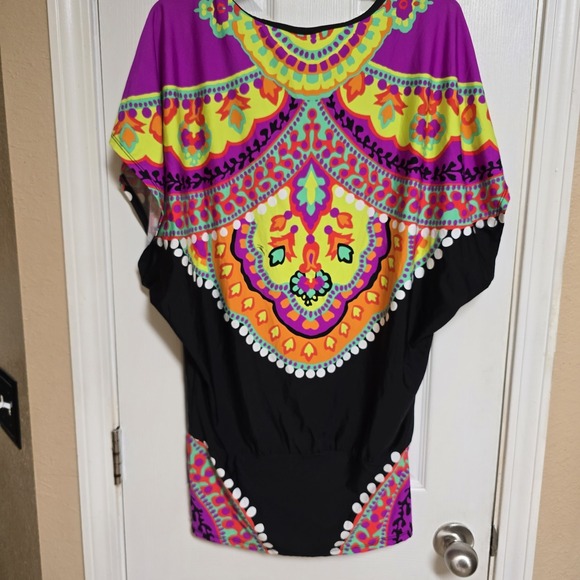 Trina Turk Shirt Top Womens Medium Black Colorful Oversized‎ Stretch Made in USA - Picture 2 of 6